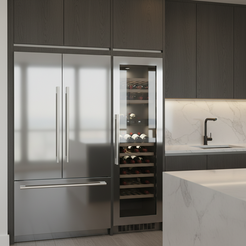 Modern kitchen appliances with refrigerator and wine cooler
