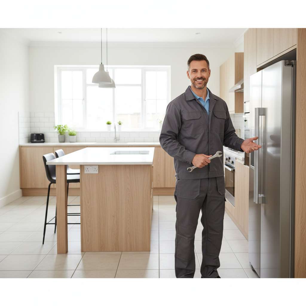 Smiling appliance repair technician standing in a modern kitchen